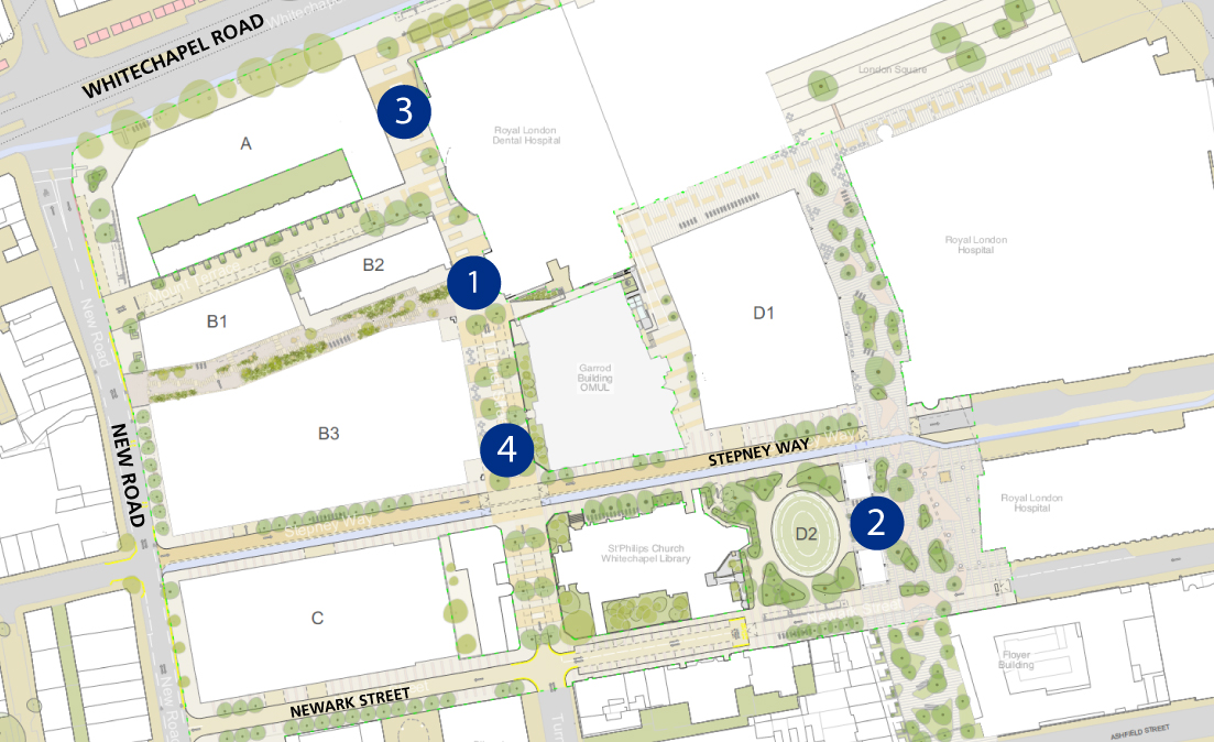 Public Realm Map with label 1, 2, 3 and 4 which are decribe in the paragraphs below.