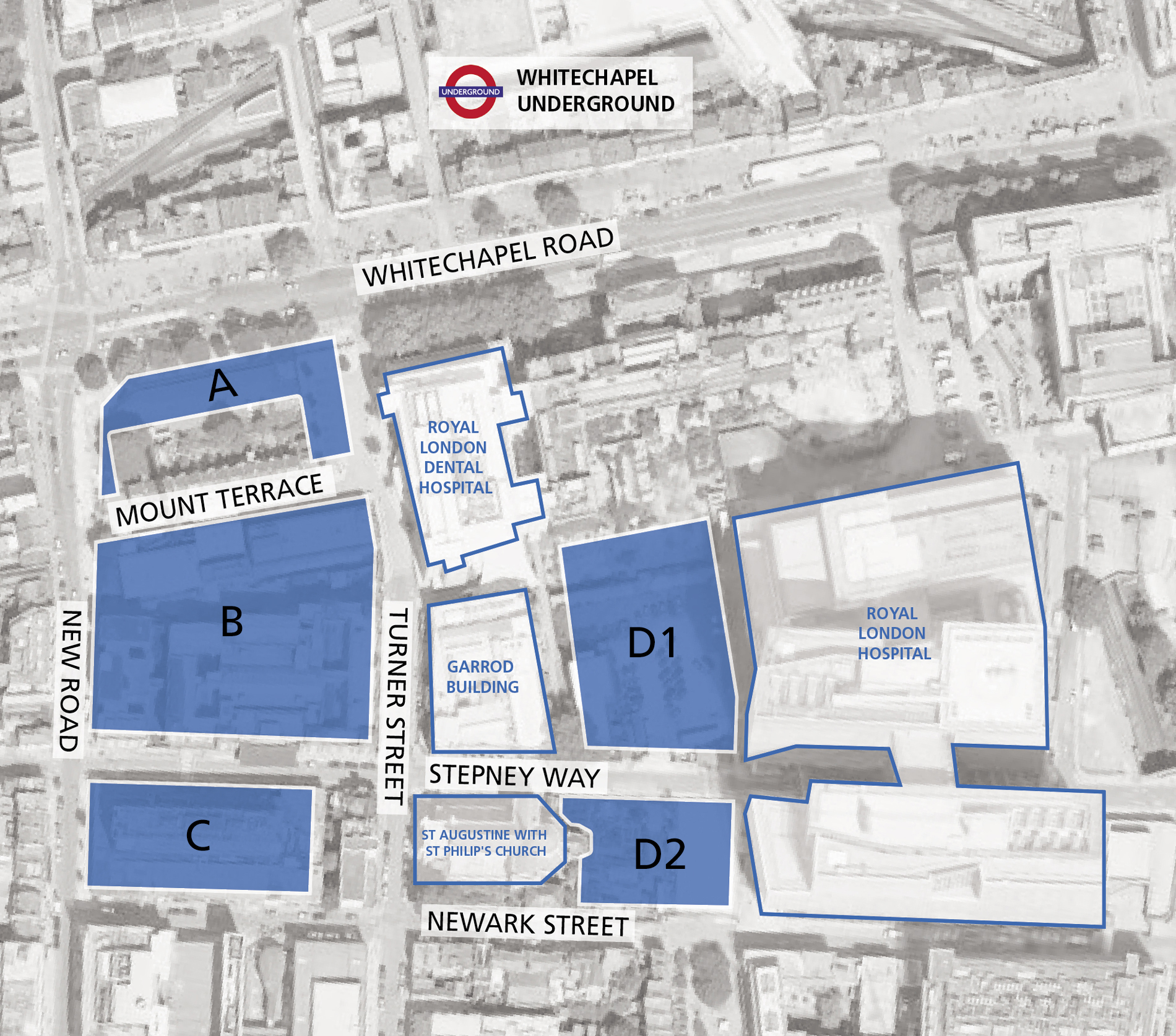 The five sites are highlighted above in blue, with other key buildings nearby outlined.